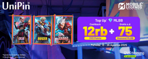 Draw Skin Terbaru Ixia, Roger, dan Xborg! Bonus 12Ribu OVO Points dan 75 Diamond MLBB dengan Top Up Pakai OVO!